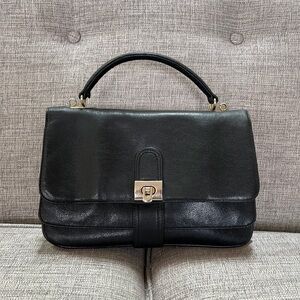 Vintage 1950s Pebble Leather Top Handle Mid-Century Structured Black Satchel Bag